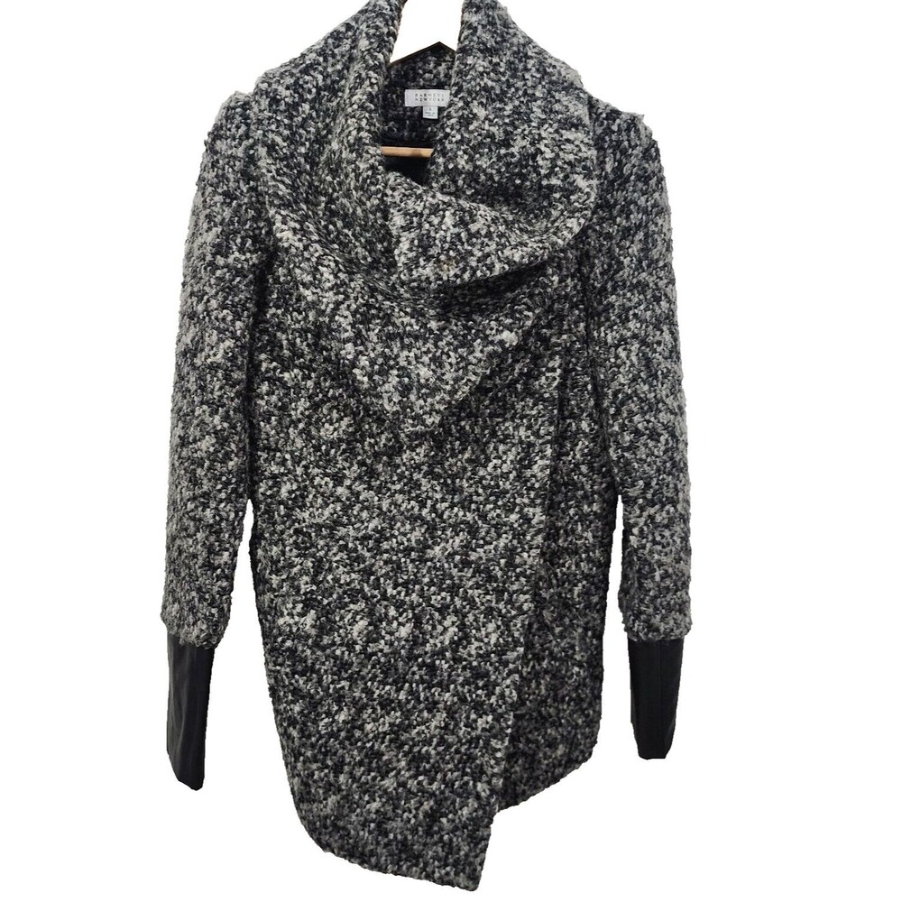 Barneys New York Boucle Tweed Wool Jacket Envelope Collar Faux Leather Cuff Sz S